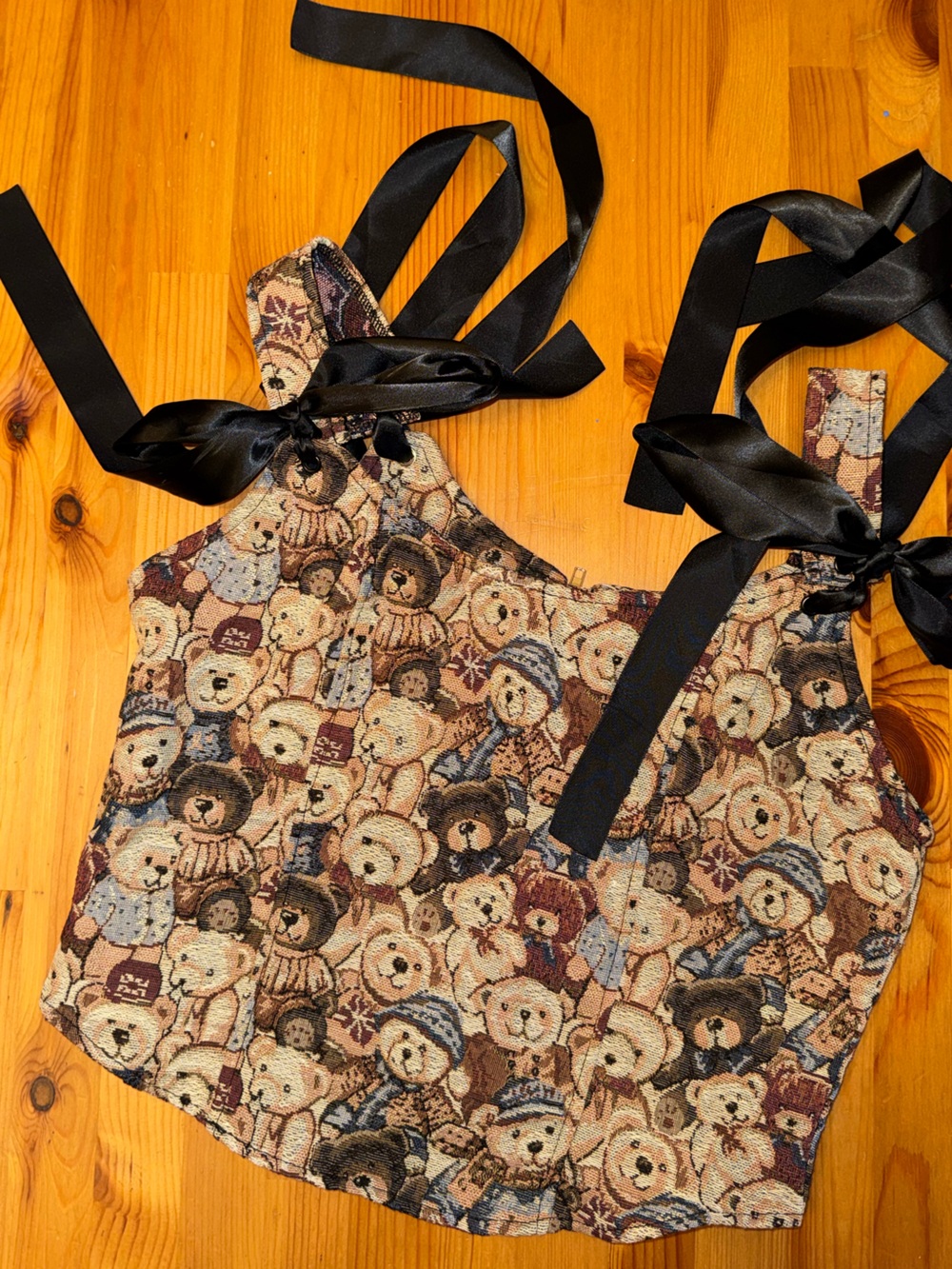Teddy Print Corset-Style Top with Black Ribbon Ties